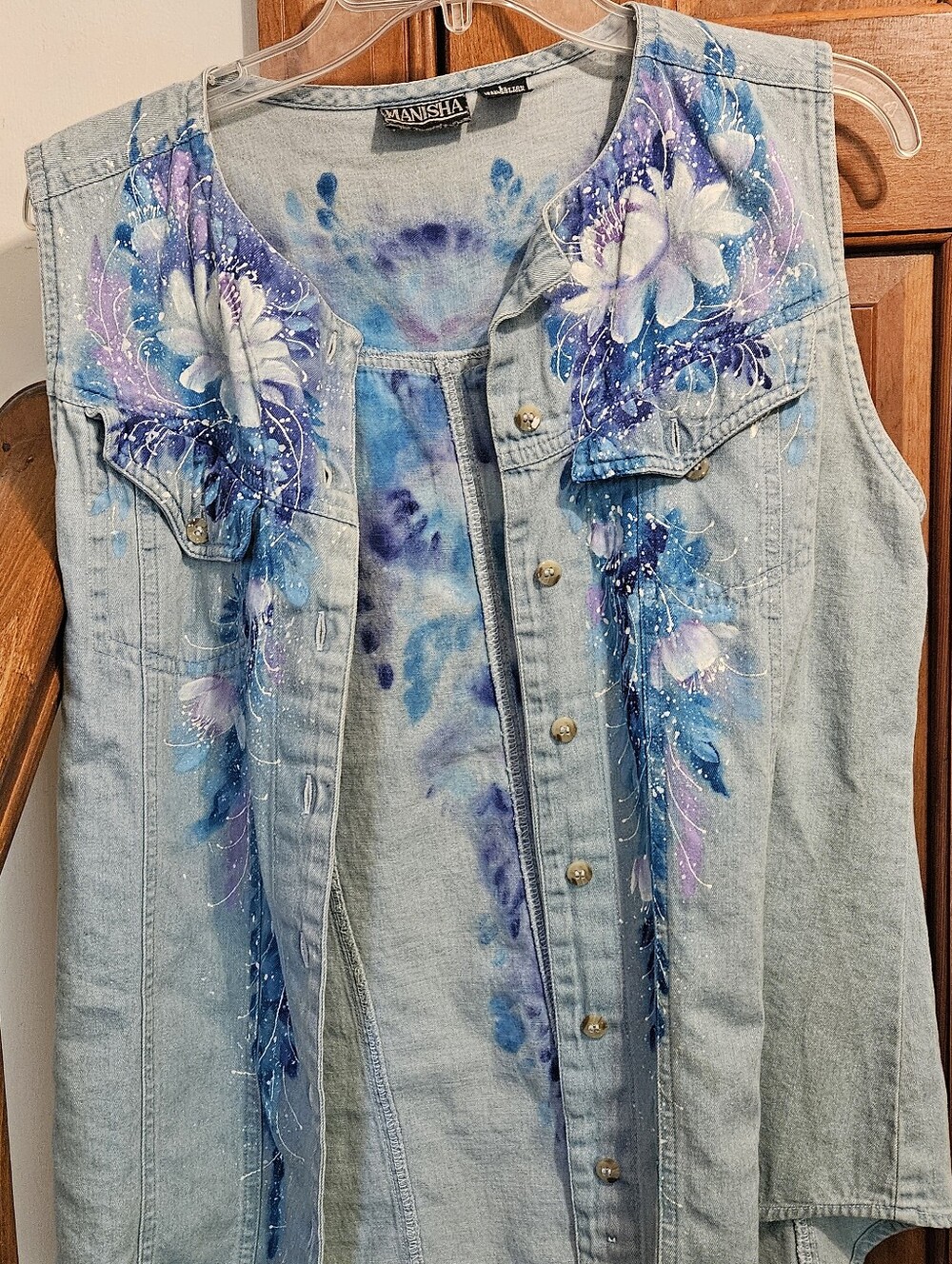 Manisha Hand-Painted Floral Denim Vest in Blue & Purple
